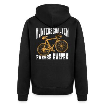 Runterschalten Fresse Halten - Unisex Premium Bio Zip Hoodie - Schwarz - Hinten - Nico (187cm)
