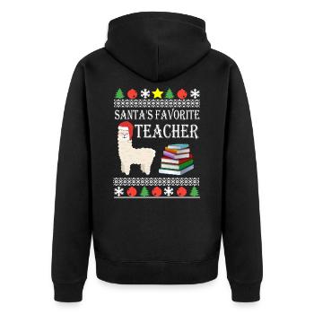 Santa's favorite teacher Lama X-Mas Ugly Sweater - Unisex Premium Organic Zip Hoodie - black - Back - Nico (187cm)