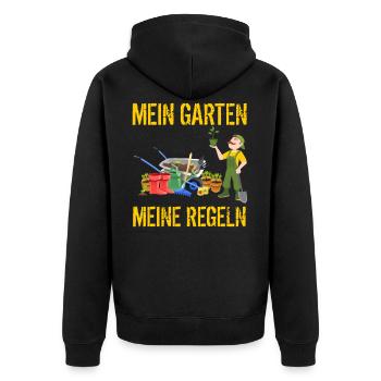 Mein Garten Meine Regeln - Unisex Premium Bio Zip Hoodie - Schwarz - Hinten - Nico (187cm)