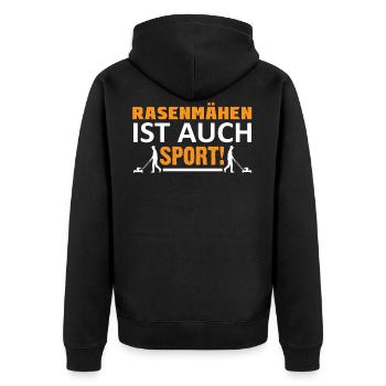 Rasenmähren Ist Auch Sport - Unisex Premium Bio Zip Hoodie - Schwarz - Hinten - Nico (187cm)