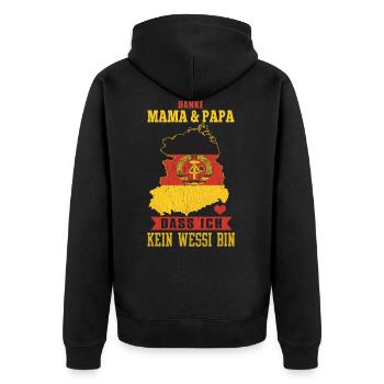 Ossi - Danke Mama & Papa Dass Ich Kein Wessi Bin - Unisex Premium Bio Zip Hoodie - Schwarz - Hinten - Nico (187cm)