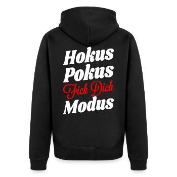 Hokus Pokus Fick Dich Modus - Unisex Premium Bio Zip Hoodie - Schwarz - Hinten - Nico (187cm)