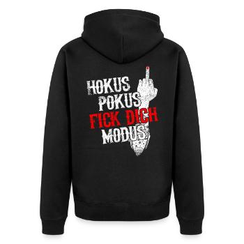 Hokus Pokus Fick Dich Mittelfinger Provokant - Unisex Premium Bio Zip Hoodie - Schwarz - Hinten - Nico (187cm)