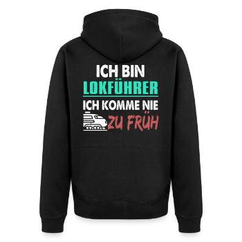 Ich Bin Lokführer Ich Komme Nie Zu Früh - Unisex Premium Bio Zip Hoodie - Schwarz - Hinten - Nico (187cm)