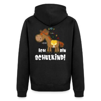 Ich bin Schulkind Einschulung Spruch mit Pferd - Unisex Premium Bio Zip Hoodie - Schwarz - Hinten - Nico (187cm)