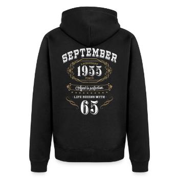 65 Birthday Aged To Perfection 1955 Gift - Unisex Premium Organic Zip Hoodie - black - Back - Nico (187cm)