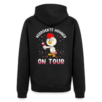 Verrückte Hühner on Tour JGA Hochzeit Party - Unisex Premium Bio Zip Hoodie - Schwarz - Hinten - Nico (187cm)