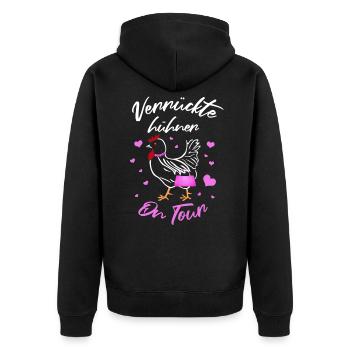 Verrückte Hühner on Tour JGA Malle Apres Ski Party - Unisex Premium Bio Zip Hoodie - Schwarz - Hinten - Nico (187cm)