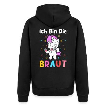 Ich bin die Braut Einhorn JGA Hochzeit Geschen - Unisex Premium Bio Zip Hoodie - Schwarz - Hinten - Nico (187cm)
