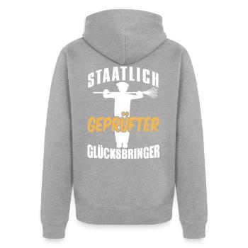 Staatlich Geprüfter Glücksbringer - Unisex Premium Bio Zip Hoodie - Grau meliert - Hinten - Nico (187cm)