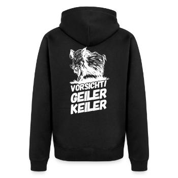 Jäger Jagen Jagd Geiler Keiler Versaut - Unisex Premium Bio Zip Hoodie - Schwarz - Hinten - Nico (187cm)