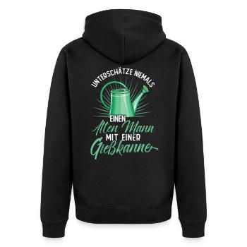 Alter Mann mit einer Gießkanne - Unisex Premium Bio Zip Hoodie - Schwarz - Hinten - Nico (187cm)