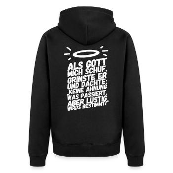 Lustige Sprüche Gott Mich Schuf - Unisex Premium Bio Zip Hoodie - Schwarz - Hinten - Nico (187cm)