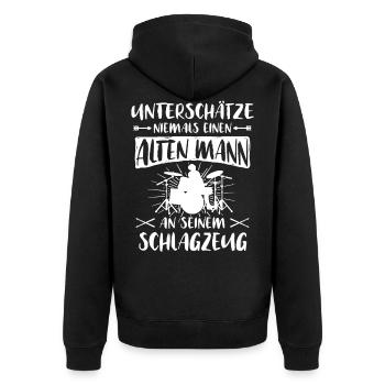 Schlagzeug Sprüche Schlagzeuger unterschätze Drums - Unisex Premium Bio Zip Hoodie - Schwarz - Hinten - Nico (187cm)