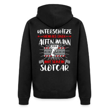 Slotracing Sprüche Slotcar Unterschätze Slotcars - Unisex Premium Bio Zip Hoodie - Schwarz - Hinten - Nico (187cm)