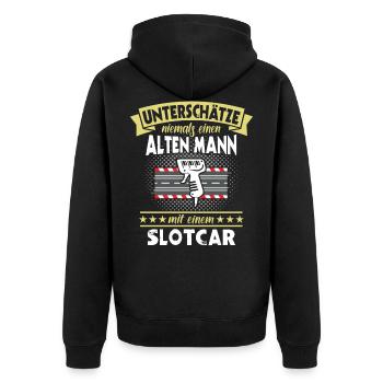 Slotcars Slotcar Sprüche unterschätze Slotracing - Unisex Premium Bio Zip Hoodie - Schwarz - Hinten - Nico (187cm)