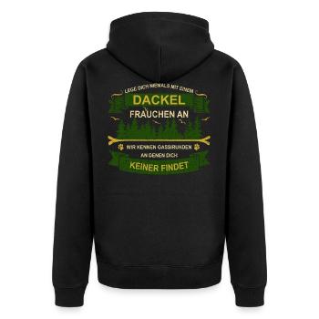 Lege dich niemals mit einem Dackel Frauchen an - Unisex Premium Bio Zip Hoodie - Schwarz - Hinten - Nico (187cm)