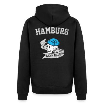 Moin Digga Hansestadt Hamburg Totenkopf Matrose - Unisex Premium Bio Zip Hoodie - Schwarz - Hinten - Nico (187cm)
