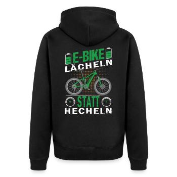 E-Bike -Lächeln statt hecheln - Unisex Premium Bio Zip Hoodie - Schwarz - Hinten - Nico (187cm)