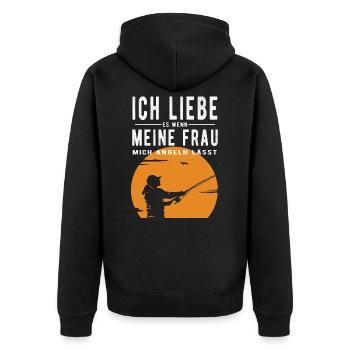 Ich liebe meine Frau wenn sie mich angeln lässt - Unisex Premium Bio Zip Hoodie - Schwarz - Hinten - Nico (187cm)