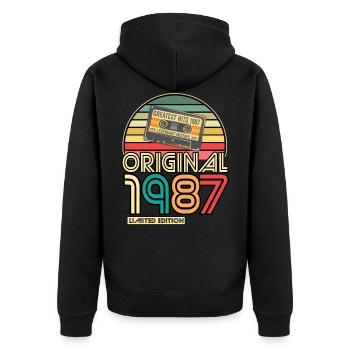 Cassette Tape Retro Vintage 1987 geboren Jahr 1987 - Unisex Premium Bio Zip Hoodie - Schwarz - Hinten - Nico (187cm)