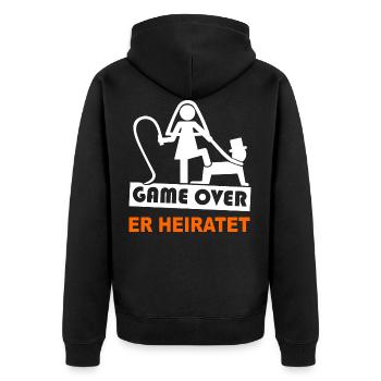 JGA - Game Over - Er Heiratet - Party Shirt - Unisex Premium Bio Zip Hoodie - Schwarz - Hinten - Nico (187cm)