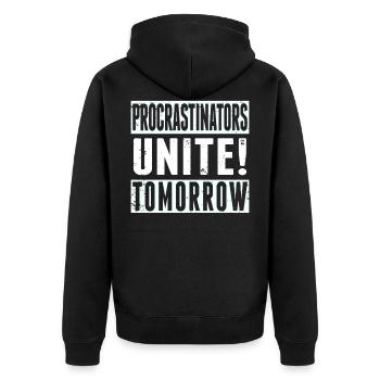 Procrastinators Unite Tomorrow Procrastination - Unisex Premium Bio Zip Hoodie - Schwarz - Hinten - Nico (187cm)