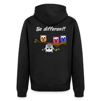 Be Different! - Süßer Fun Spruch - Eulen Motto - Unisex Premium Bio Zip Hoodie - Schwarz - Hinten - Nico (187cm)