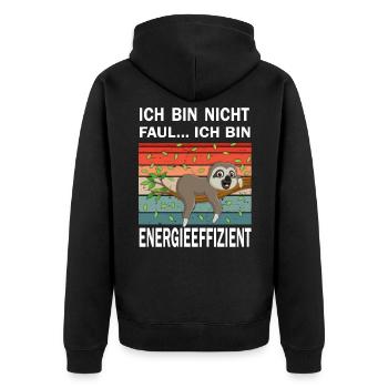 Ich bin nicht faul ich bin Energieeffizient - Unisex Premium Bio Zip Hoodie - Schwarz - Hinten - Nico (187cm)