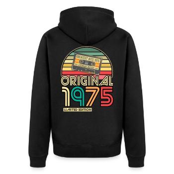 Cassette Tape Retro Vintage 1975 geboren Jahr 1975 - Unisex Premium Bio Zip Hoodie - Schwarz - Hinten - Nico (187cm)