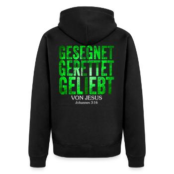 gesegnet gerettet geliebt von jesus christus - Unisex Premium Bio Zip Hoodie - Schwarz - Hinten - Nico (187cm)