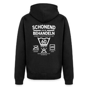 SCHONEND BEHANDELN 60 JAHRE ALT PFLEGEANLEITUNG - Unisex Premium Bio Zip Hoodie - Schwarz - Hinten - Nico (187cm)