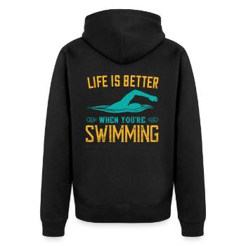 Schwimmen das Leben ist besser wenn du schwimmst - Unisex Premium Bio Zip Hoodie - Schwarz - Hinten - Nico (187cm)