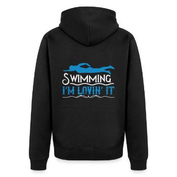 Schwimmen schwimmen ich liebe es - Unisex Premium Bio Zip Hoodie - Schwarz - Hinten - Nico (187cm)