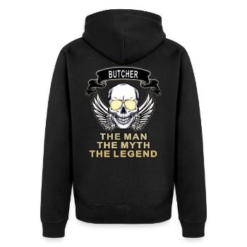 Butcher The Man The Myth The Legend - Unisex Premium Bio Zip Hoodie - Schwarz - Hinten - Nico (187cm)