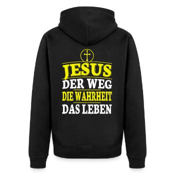 Jesus Christus Bibelvers Ich bin der Weg - Unisex Premium Bio Zip Hoodie - Schwarz - Hinten - Nico (187cm)