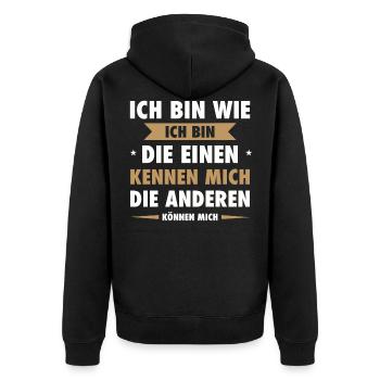 Ich bin wie ich bin - Unisex Premium Bio Zip Hoodie - Schwarz - Hinten - Nico (187cm)