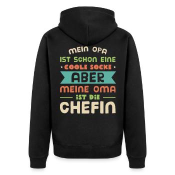 Mein Opa ist cool! Meine Oma ist die Chefin. Oma - Unisex Premium Bio Zip Hoodie - Schwarz - Hinten - Nico (187cm)