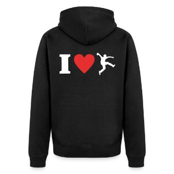 Bosseln Liebe Klootschiessen I Love Boßeln - Unisex Premium Bio Zip Hoodie - Schwarz - Hinten - Nico (187cm)