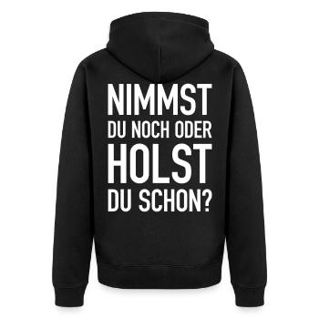 Trier Spruch Lustig moselfränkisch nehmen holen - Unisex Premium Bio Zip Hoodie - Schwarz - Hinten - Nico (187cm)