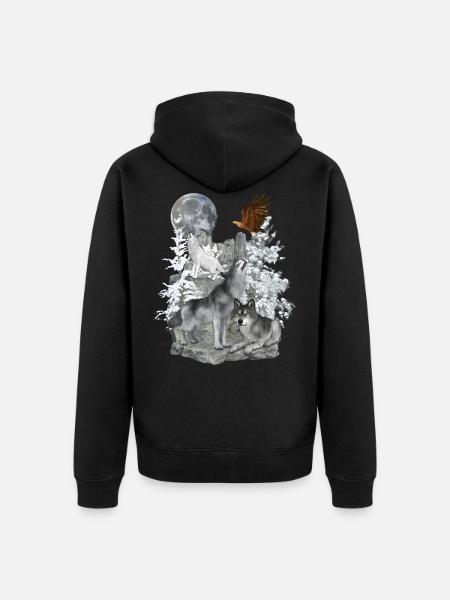 Wolves,Winter, Eagle, Moon - Unisex Premium Organic Zip Hoodie - black