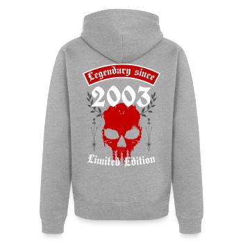 Legend since 2003 - Unisex Premium Organic Zip Hoodie - heather grey - Back - Nico (187cm)