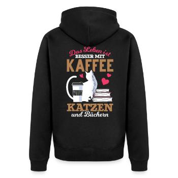 Katze Bücher Kaffee Kaffeetrinker - Unisex Premium Bio Zip Hoodie - Schwarz - Hinten - Nico (187cm)
