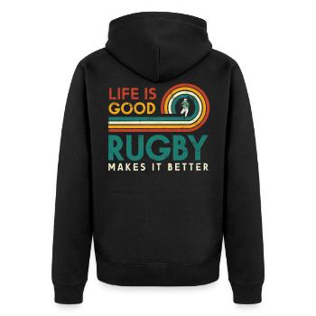 Life is good. Rugby makes it better - Unisex Premium Organic Zip Hoodie - black - Back - Nico (187cm)