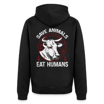 Tiere Fressen Menschen Design Für Tiermissbrauch - Unisex Premium Bio Zip Hoodie - Schwarz - Hinten - Nico (187cm)
