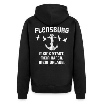 Flensburger Sprüche Flensburg Spruch - Unisex Premium Bio Zip Hoodie - Schwarz - Hinten - Nico (187cm)