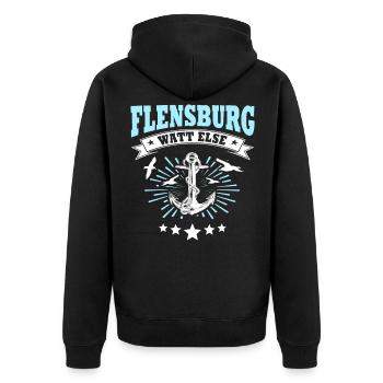 Flensburg Sprüche Flensburger - Unisex Premium Bio Zip Hoodie - Schwarz - Hinten - Nico (187cm)