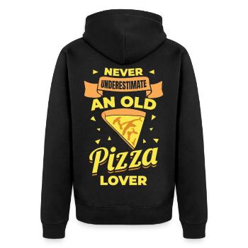 Unterschätze nie alte Pizzaliebhaber - Unisex Premium Bio Zip Hoodie - Schwarz - Hinten - Nico (187cm)