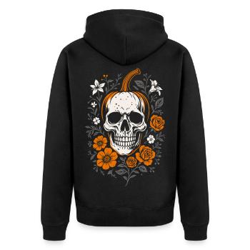 Floraler Kürbiskopf mit Totenkopf - Halloween - Unisex Premium Bio Zip Hoodie - Schwarz - Hinten - Nico (187cm)