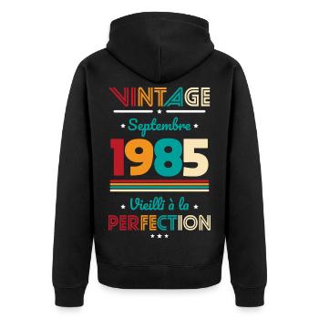 Anniversaire 40 ans - Vintage - Septembre 1985 - Veste à capuche bio Premium Unisexe - noir - Dos - Nico (187cm)